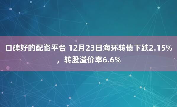 口碑好的配资平台 12月23日海环转债下跌2.15%，转股溢价率6.6%